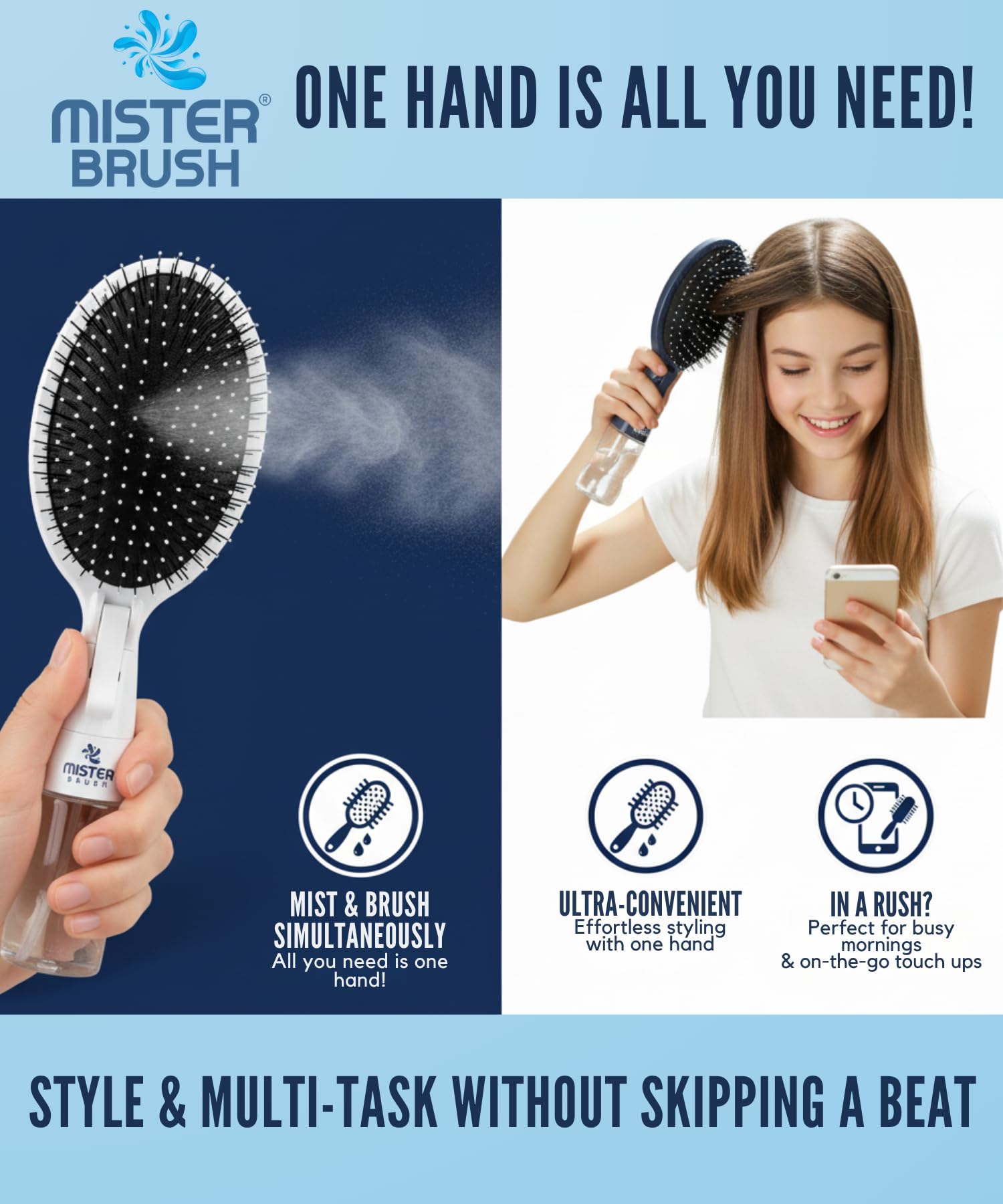 Mister Brush atomizador integrado con niebla fina para refrescar el cabello