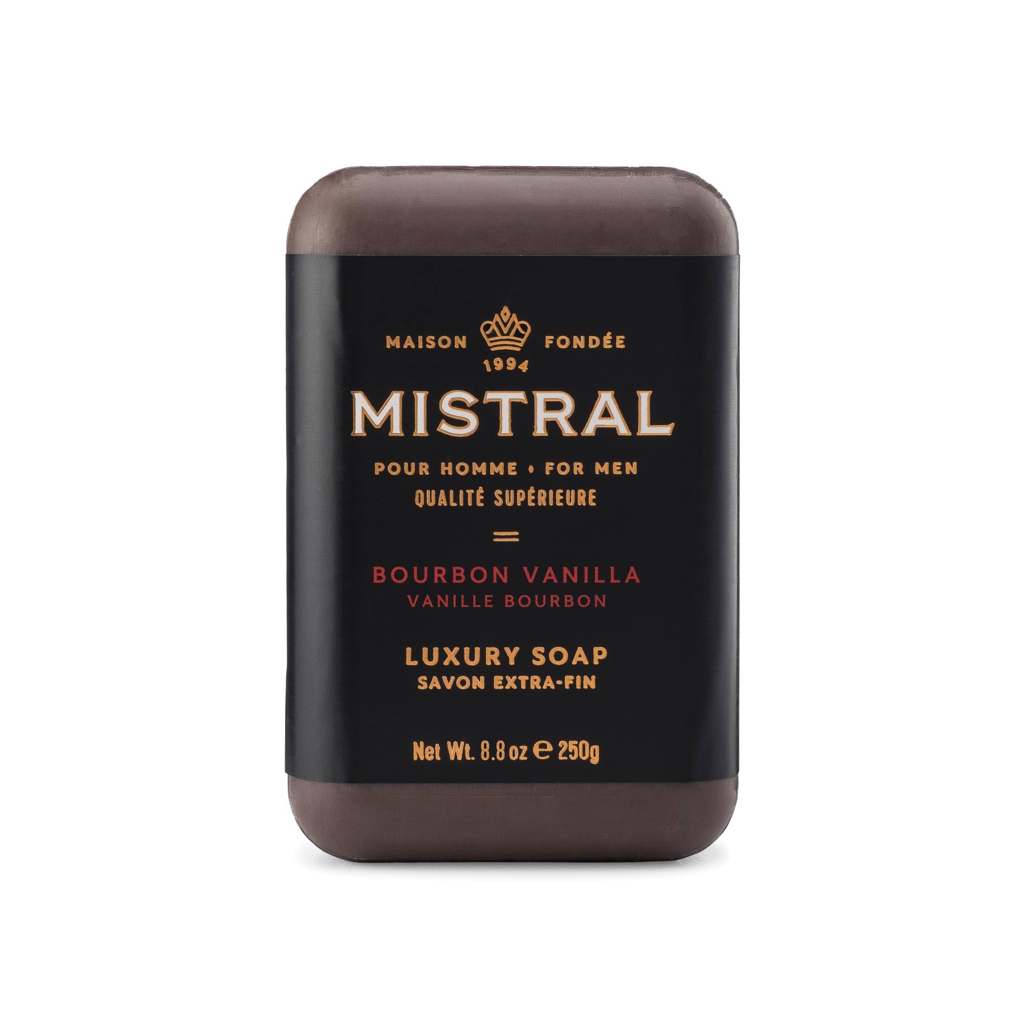 Jabón Mistral Bourbon Vanilla: barra de jabón con aroma duradero para hombres.