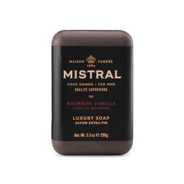 Jabón Mistral Bourbon Vanilla: barra de jabón con aroma duradero para hombres.