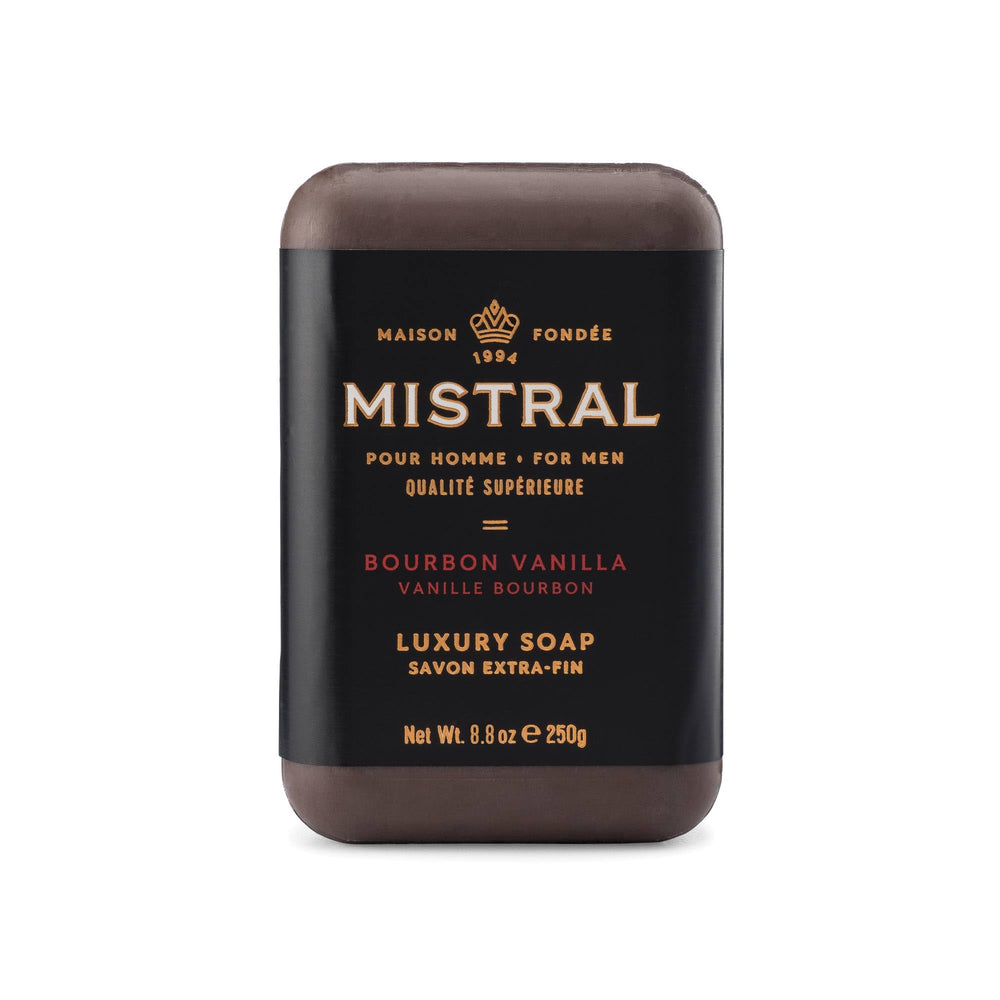 Jabón Mistral Bourbon Vanilla: barra de jabón con aroma duradero para hombres.
