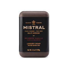 Jabón Mistral Bourbon Vanilla: barra de jabón con aroma duradero para hombres.