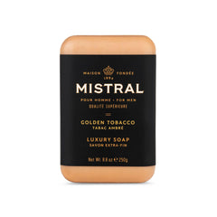 Jabón Mistral Golden Tobacco en barra elegante con aroma francés