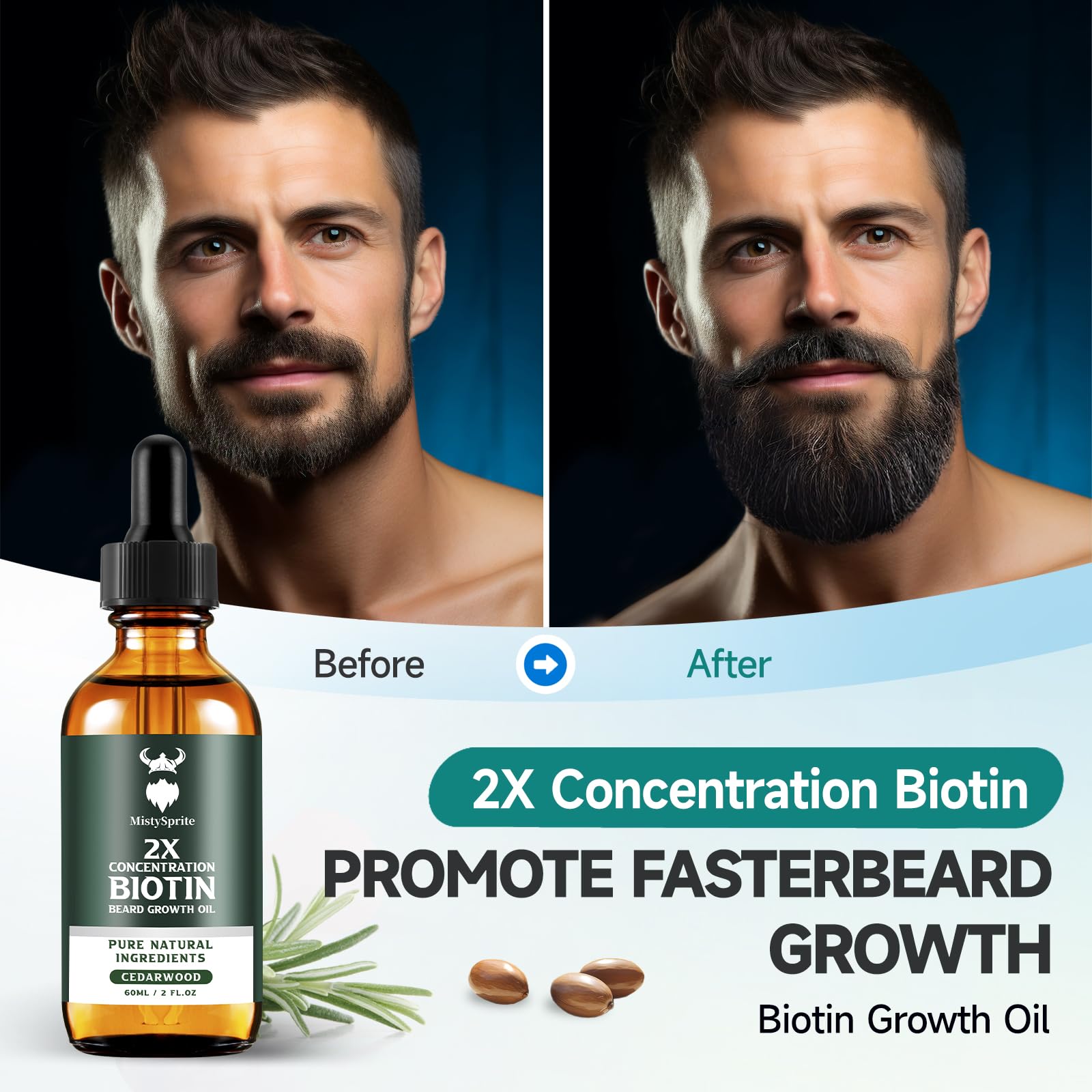 Etiqueta MistySprite Beard Oil describe uso diario y beneficios de nutrición