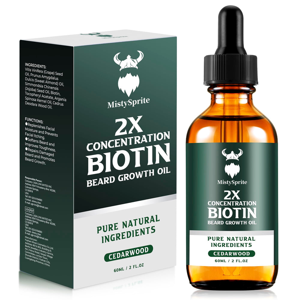 MistySprite aceite para barba Biotina, frente a la botella para cuidado diario