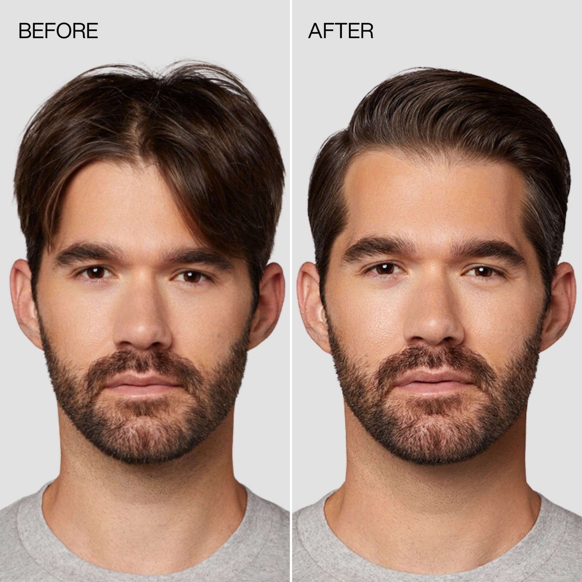 MITCH gel fuerte aplicado en cabello limpio para peinados duraderos.