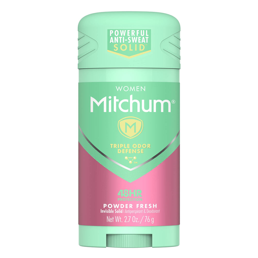 Desodorante Mitchum sólido, aroma polvo fresco en empaque, protección diaria.
