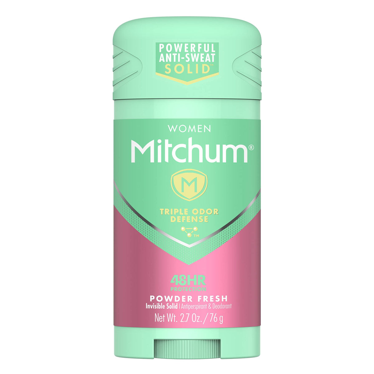 Desodorante Mitchum sólido, aroma polvo fresco en empaque, protección diaria.