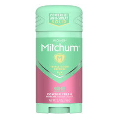 Desodorante Mitchum sólido, aroma polvo fresco en empaque, protección diaria.