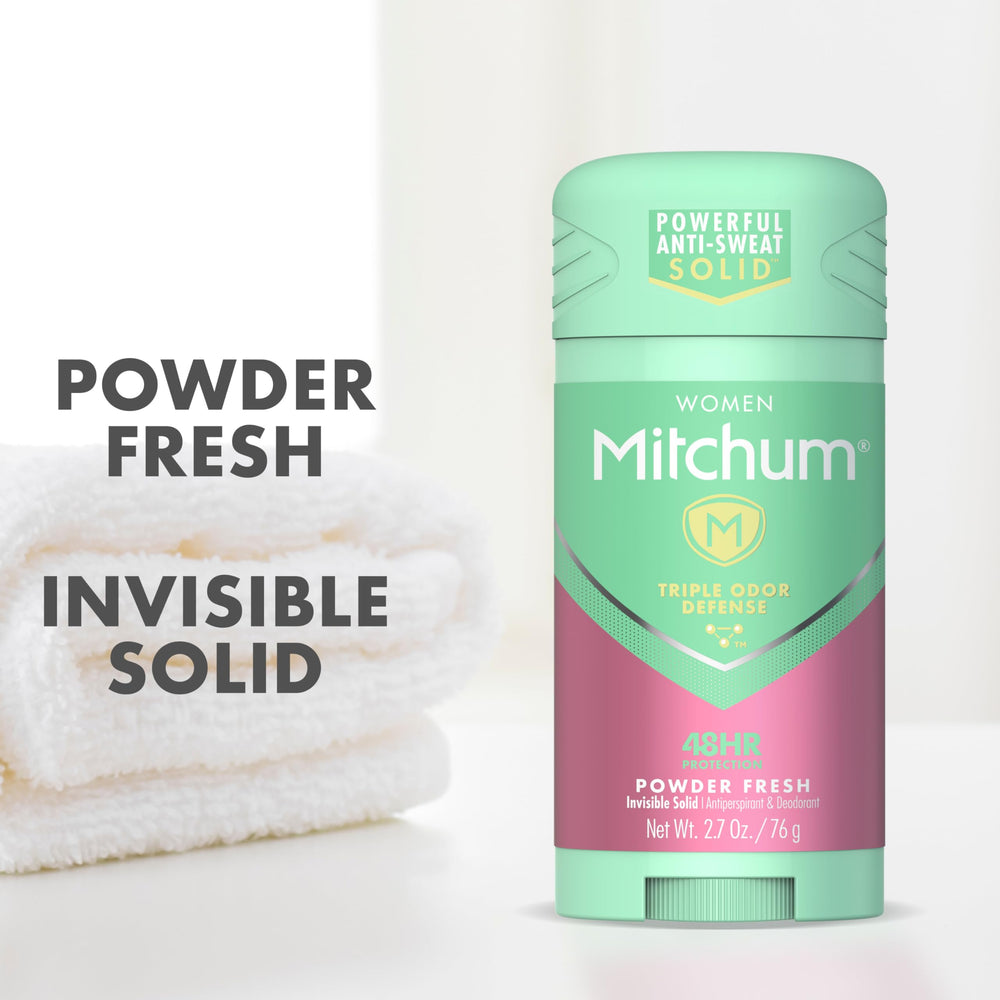 Desodorante Mitchum sólido, polvo fresco, textura sólida para sensación limpia.