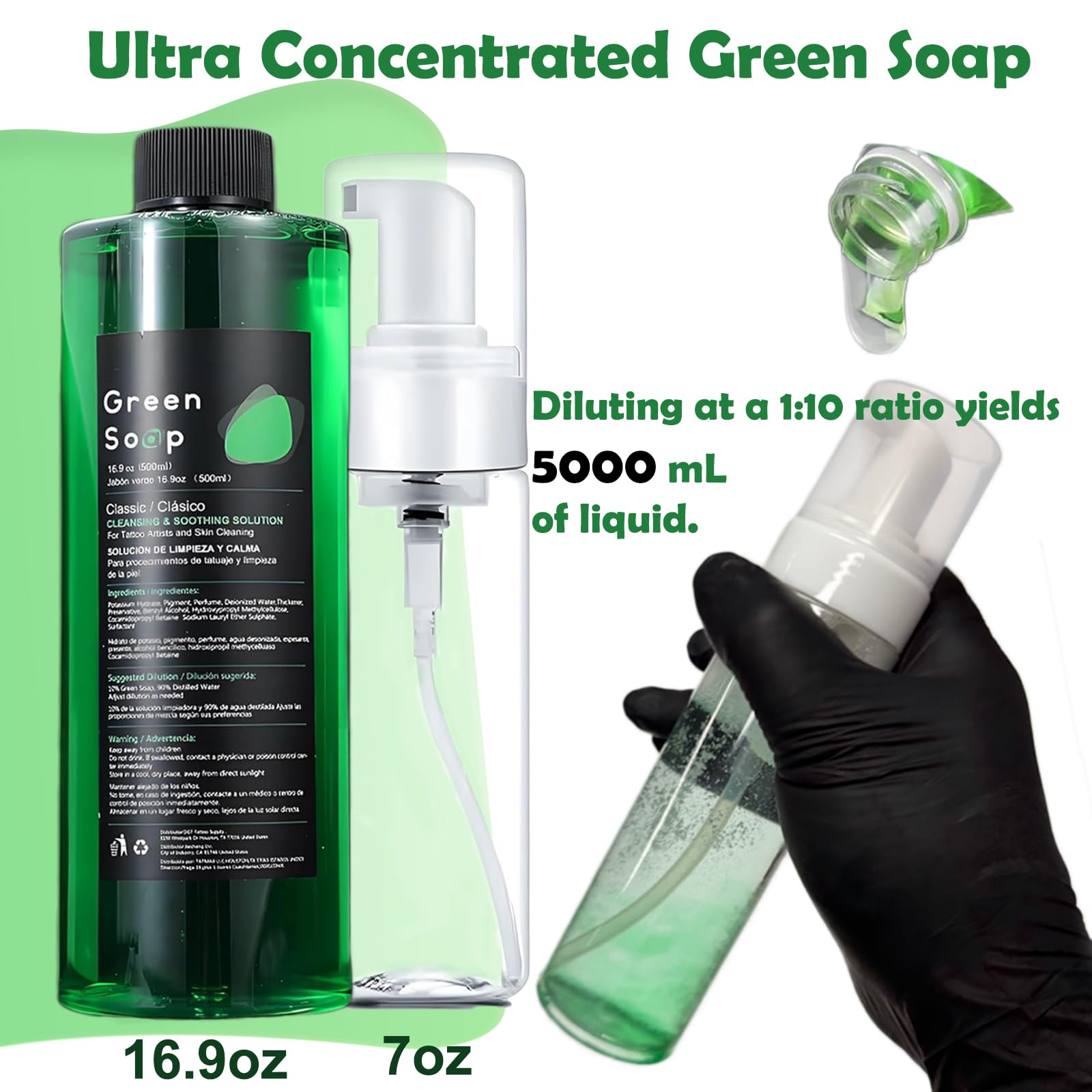 Miuxia jabón verde para tatuajes con dispensador de espuma de 200 ml para aplicación suave.