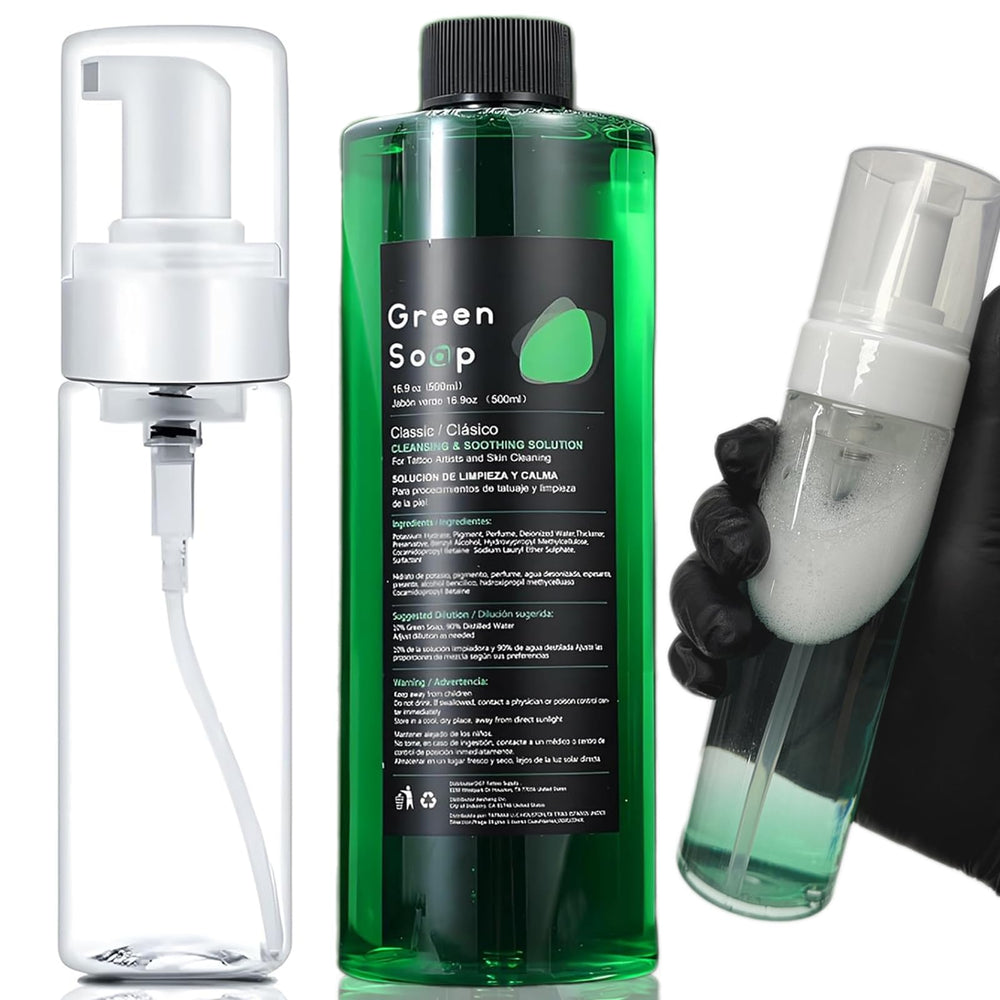 Miuxia jabón verde para tatuajes en frasco de 500 ml para limpieza profunda.