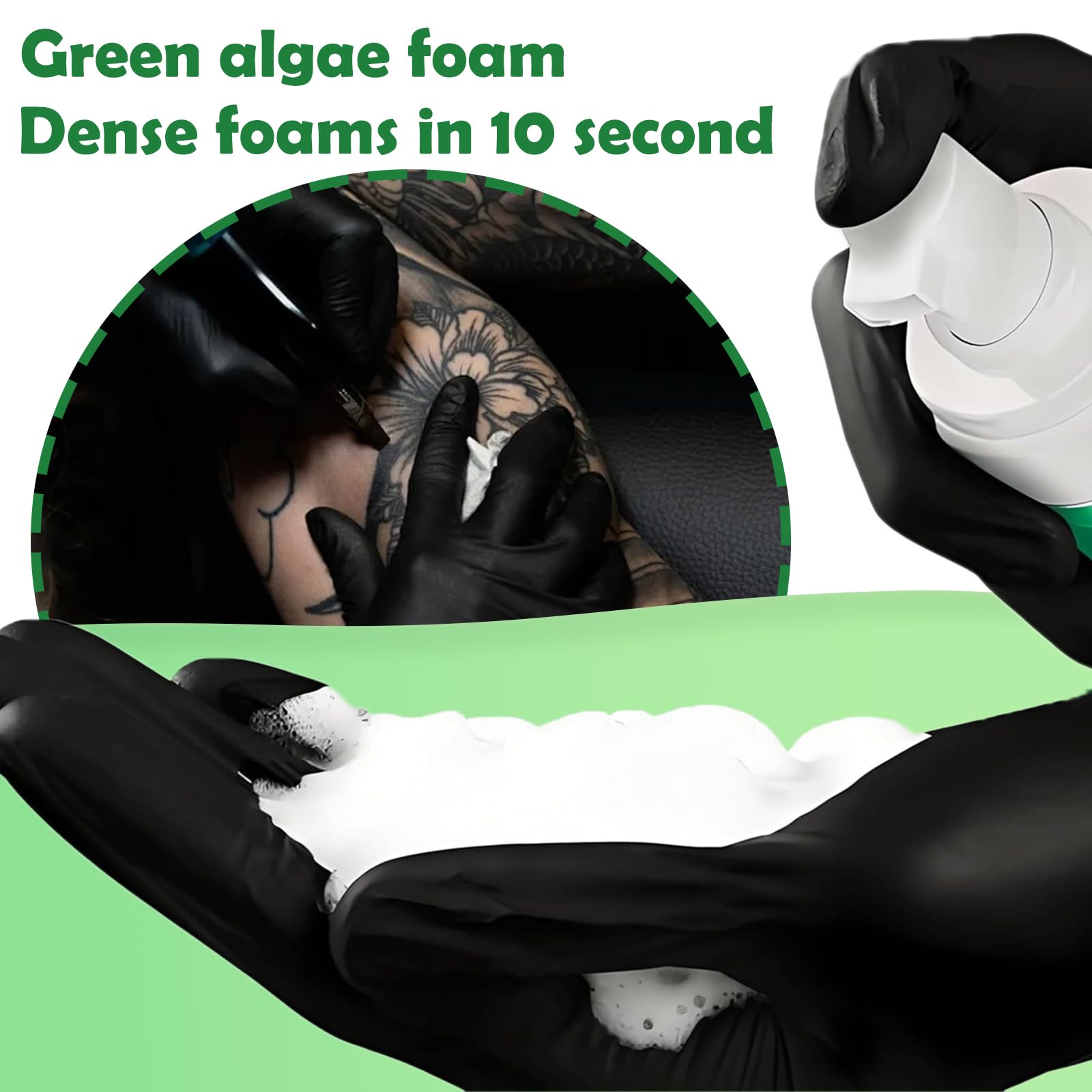 Miuxia jabón verde para tatuajes facilita la limpieza de tinta y residuos en piel y equipo.