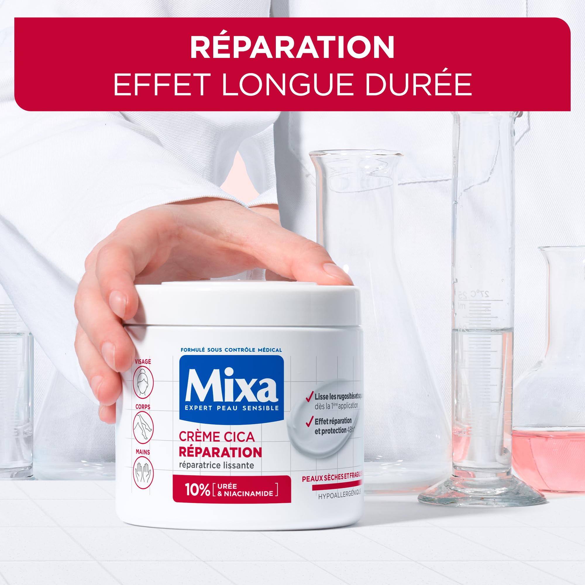 Mixa Crème Cica Réparation – absorption rapide et non grasse pour une peau apaisée.