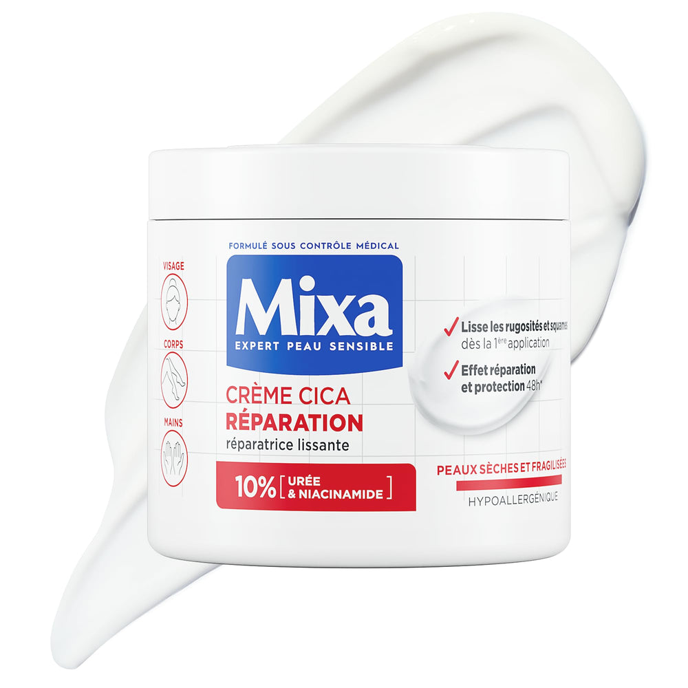 Mixa Crème Cica Réparation – texture légère pour visage et corps, hydratation ciblée.