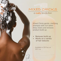 Mixed Chicks champú clarificador suave, etiqueta de la botella con ingredientes botánicos