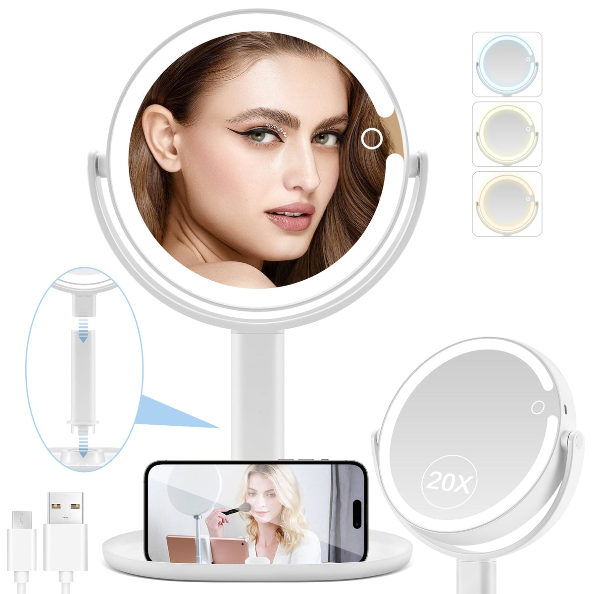 MIYADIVA espejo de maquillaje iluminado 20x: enfoque preciso para retoques rápidos.