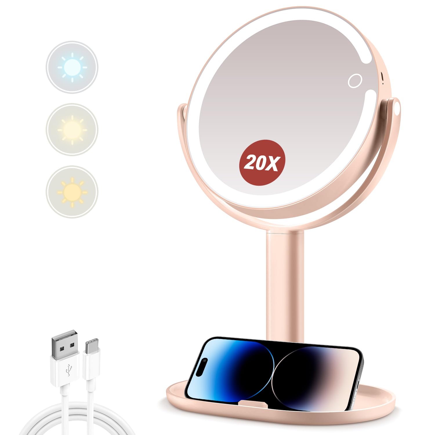 MIYADIVA espejo de maquillaje con luz 20x para detalles precisos.
