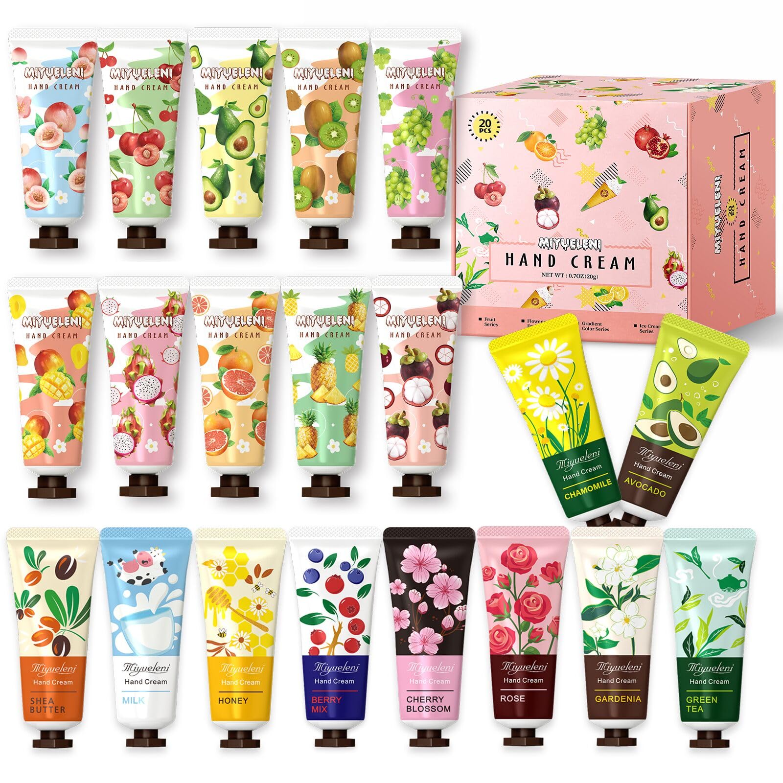 Set regalo Miyueleni con 20 cremas de mano y fragancias variadas.
