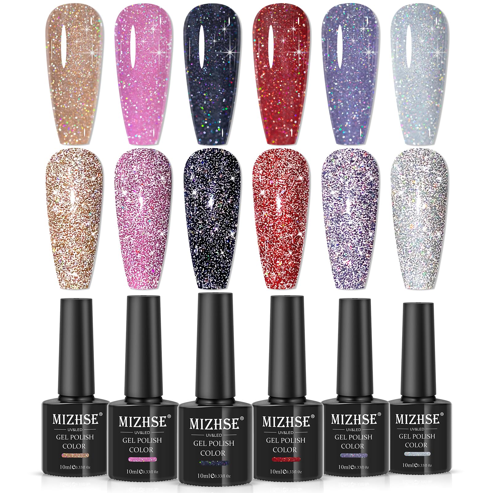 Esmalte gel MIZHSE con purpurina reflectante en conjunto, brillo dinámico para uñas.