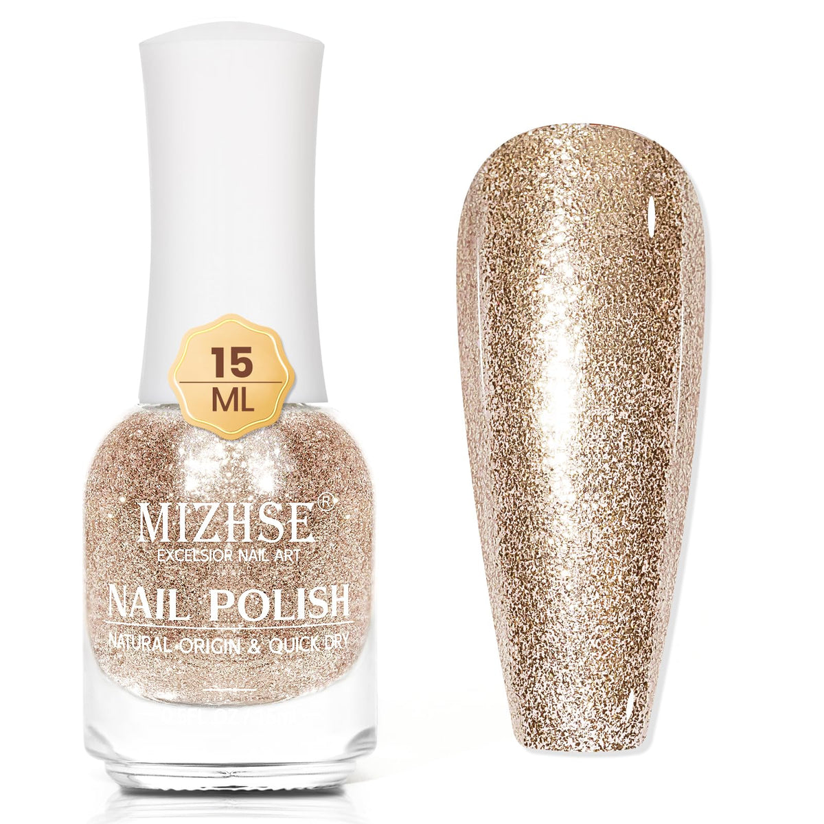 Esmalte MIZHSE Glitter Oro Metalico, secado rapido para uñas brillantes.