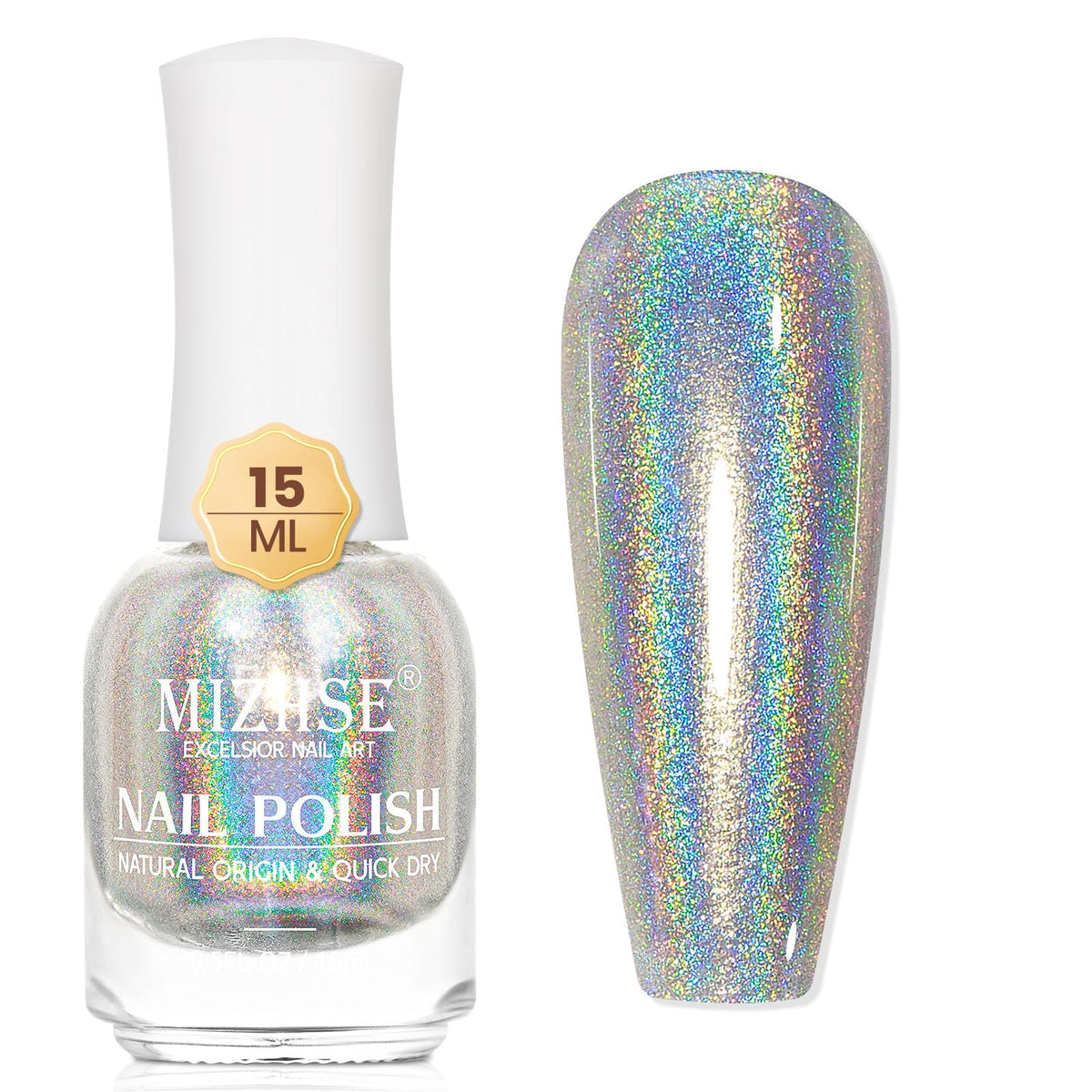 MIZHSE Esmalte hologografico plata en botella, brillo iridiscente para uñas.
