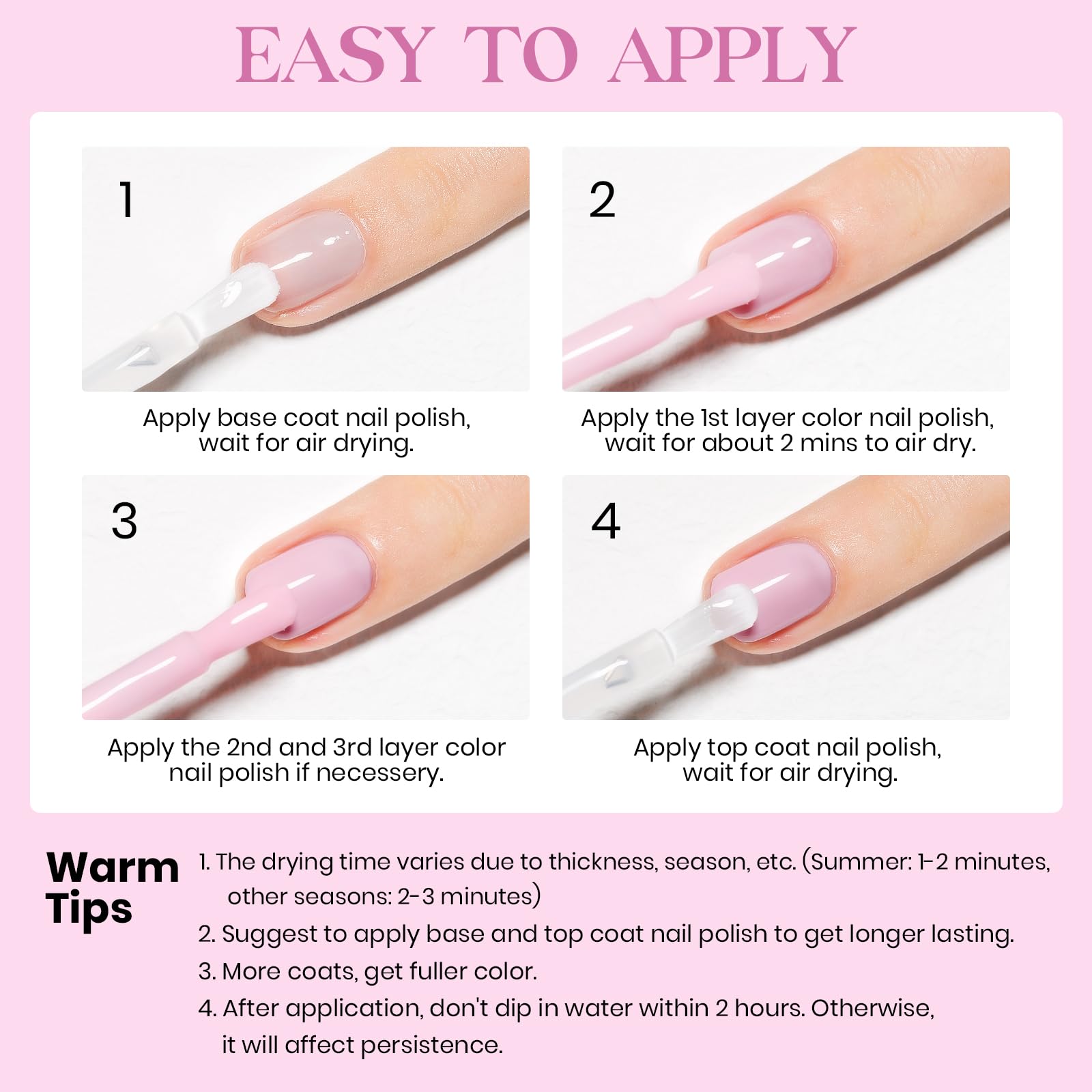 Esmalte MIZHSE tono rosa pastel para uso diario.