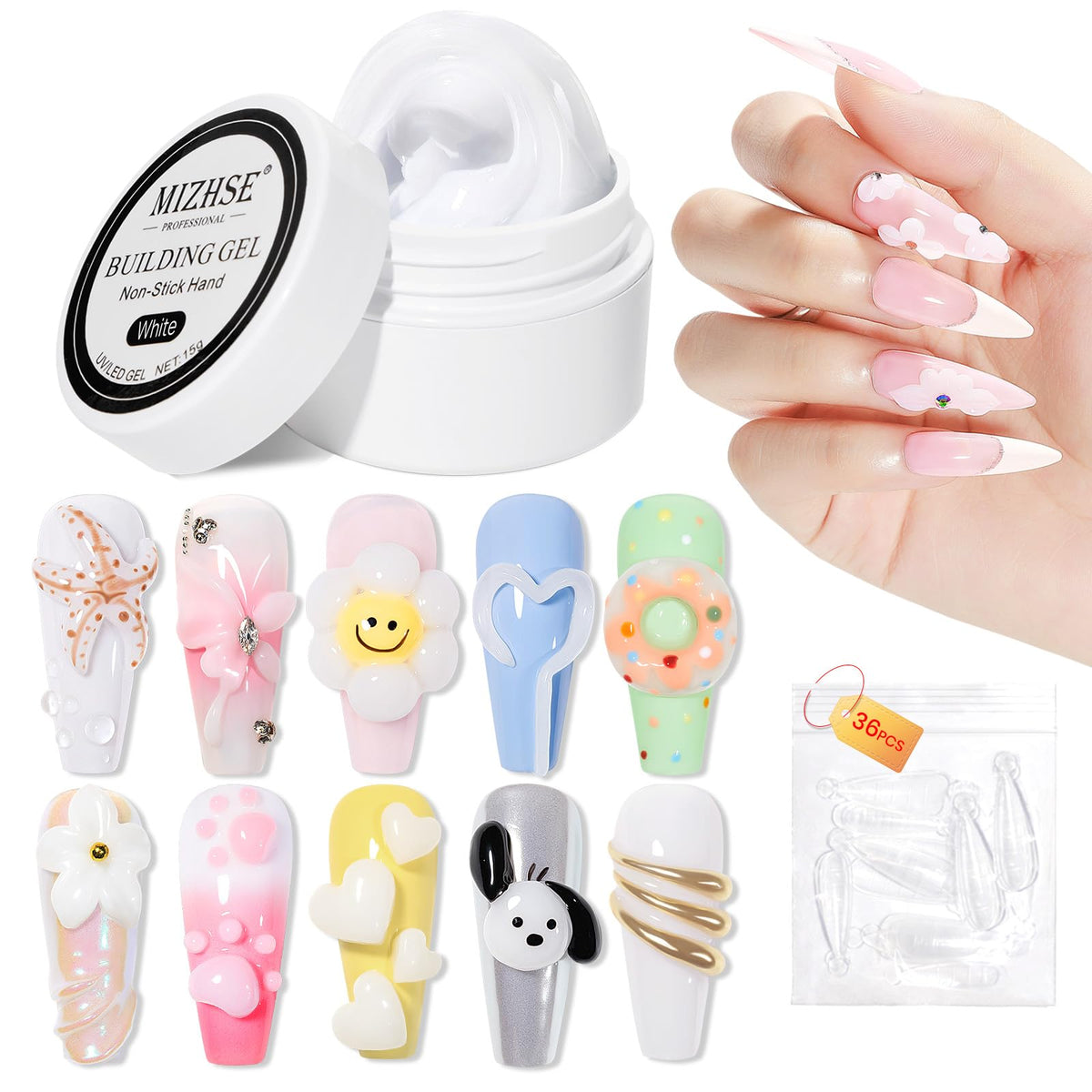 MIZHSE gel de construcción blanco en frasco, ideal para uñas duraderas.