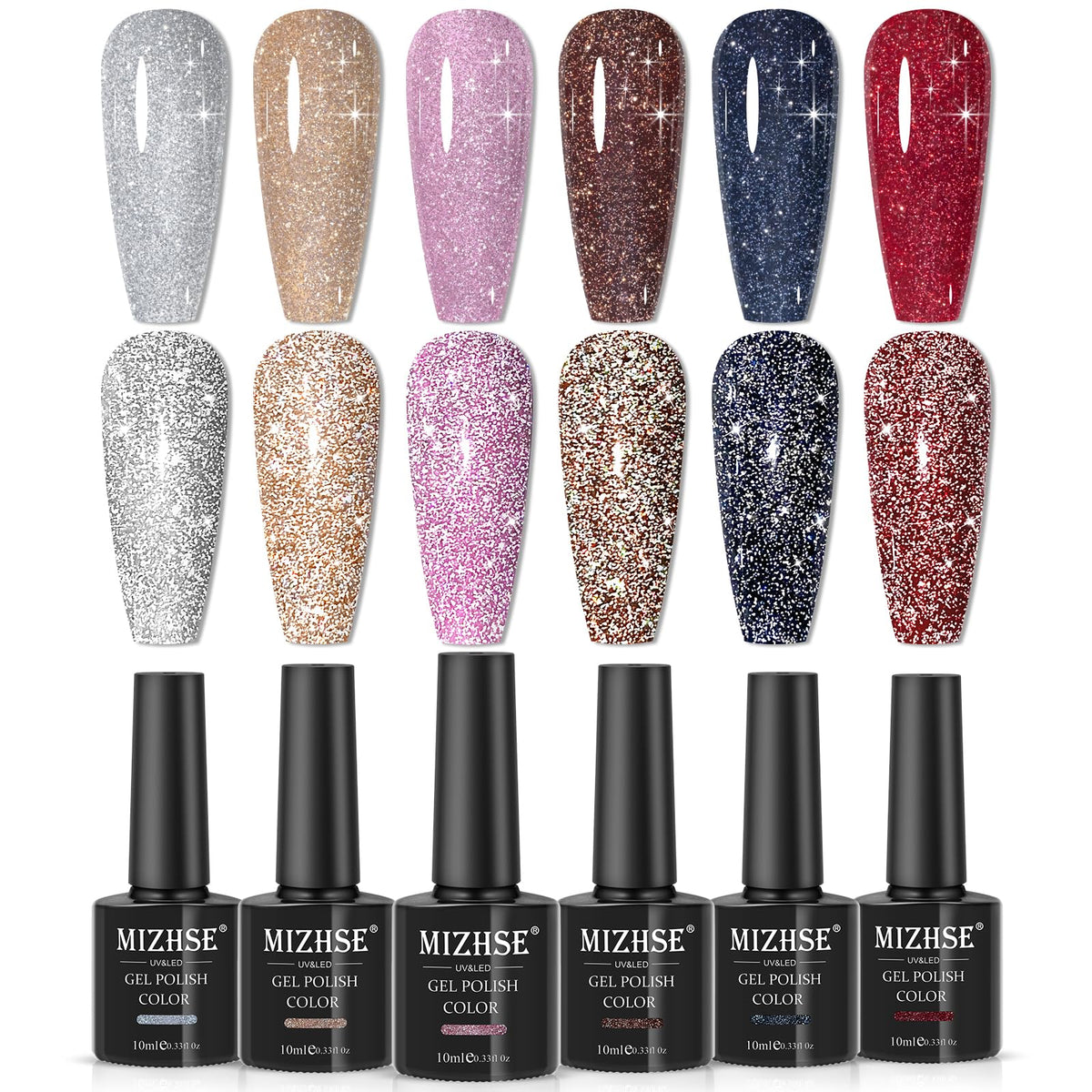 MIZHSE gel purpurina reflectante negro brillante para uñas, ideal para fiestas con iluminación