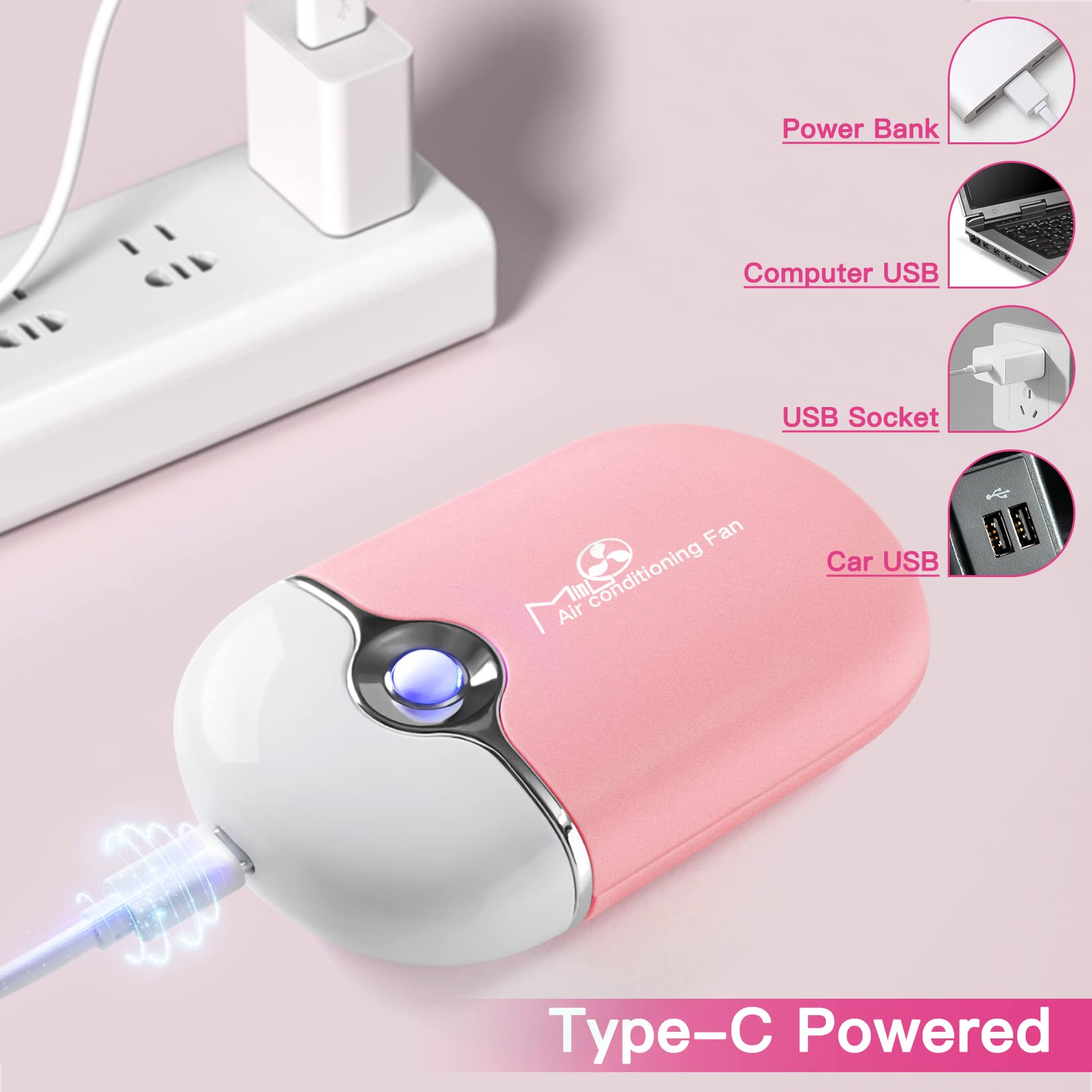 mlogiroa Lash Fan Mini con puerto tipo C para recargas rápidas.