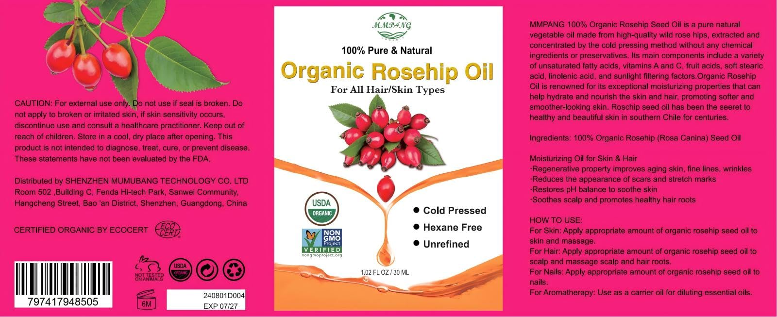 MMPANG Aceite portador natural para potenciar otros productos de piel