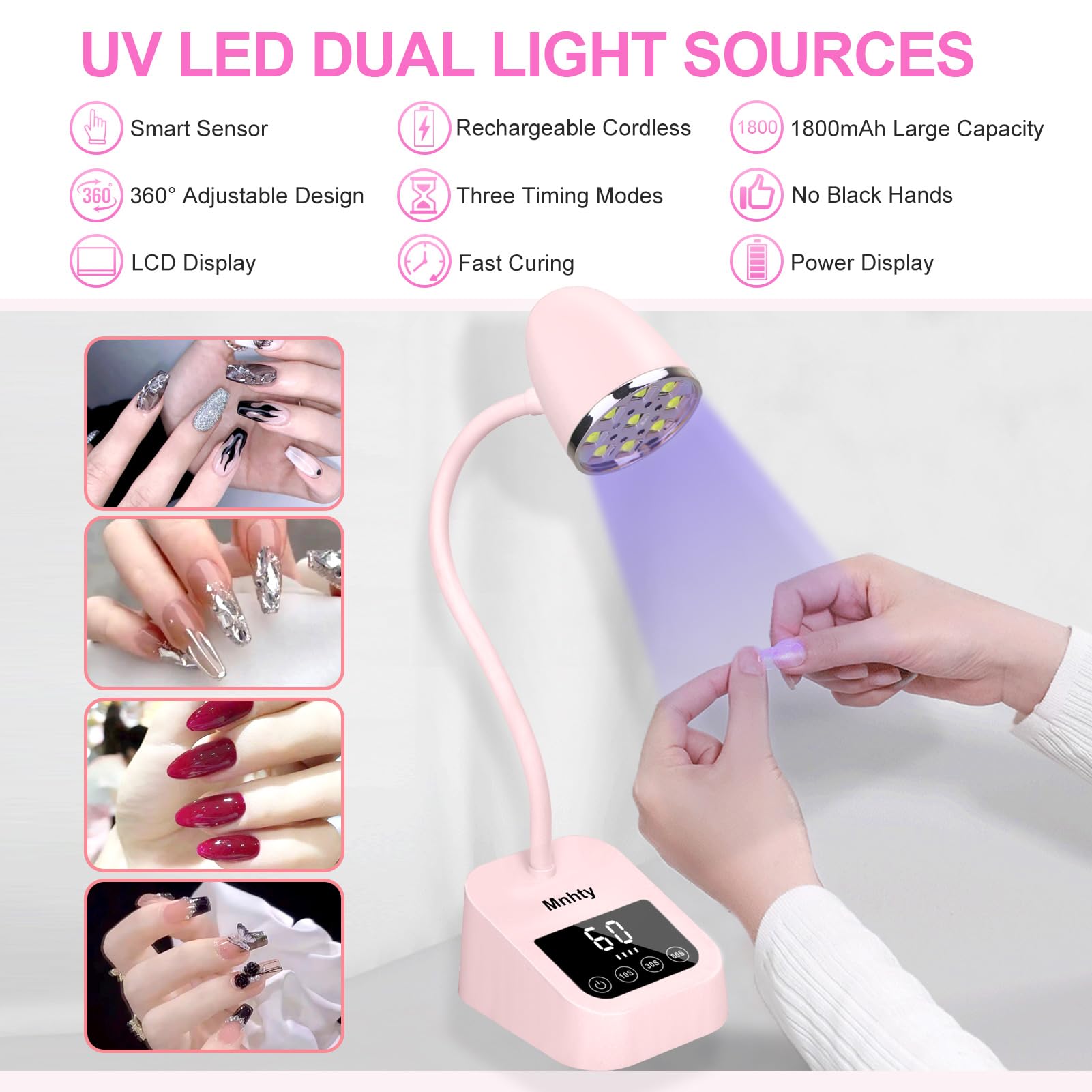 Mnhty lámpara UV LED con batería 1800mAh recargable para uso inalámbrico.