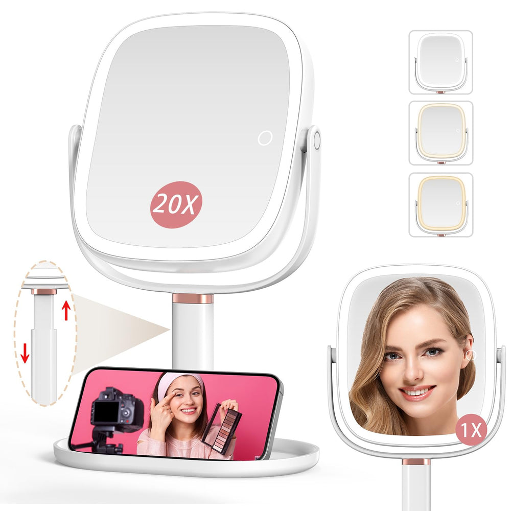 Mocado espejo de maquillaje de doble cara 1x y 20x para revisar detalles.