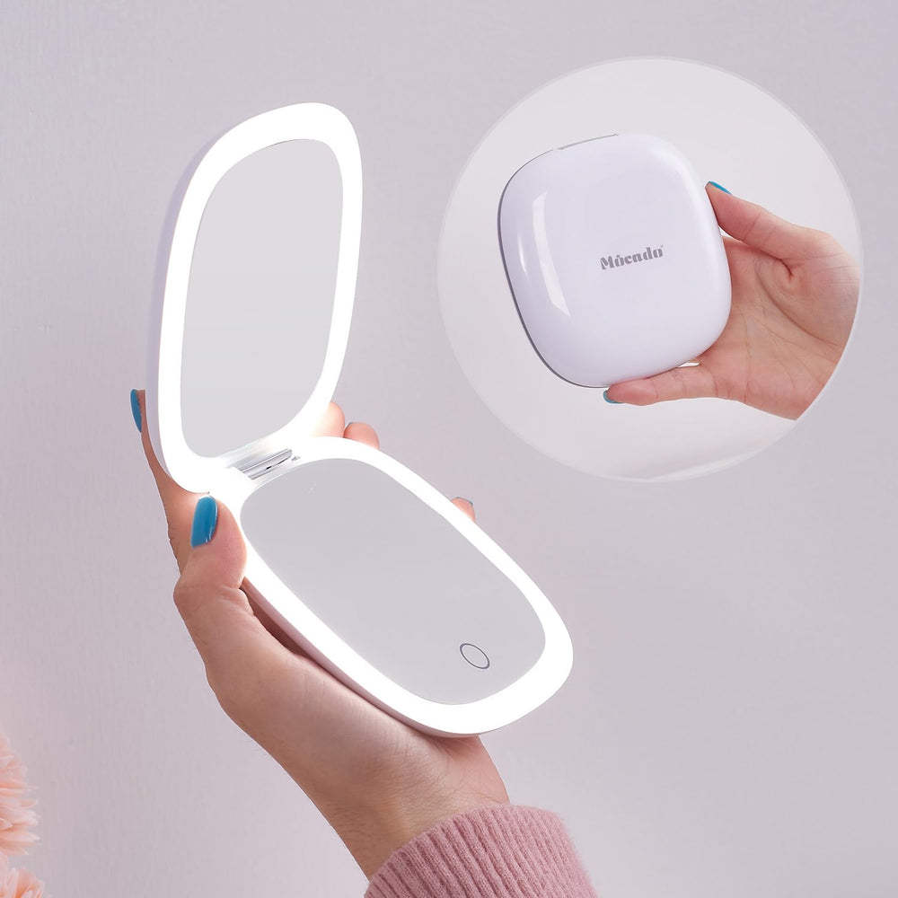 Mocado espejo de maquillaje de viaje con luz LED, ampliación 1x y 10x para retoques rápidos.