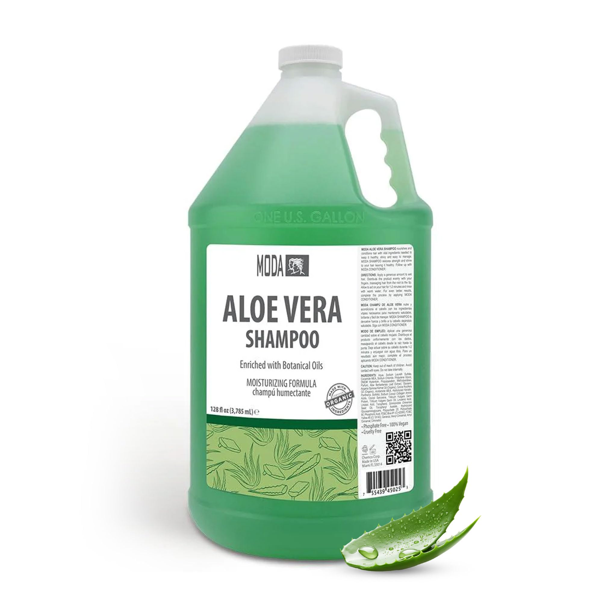 MODA Aloe Champú: cabello brillante tras botella volcada para limpieza profunda.