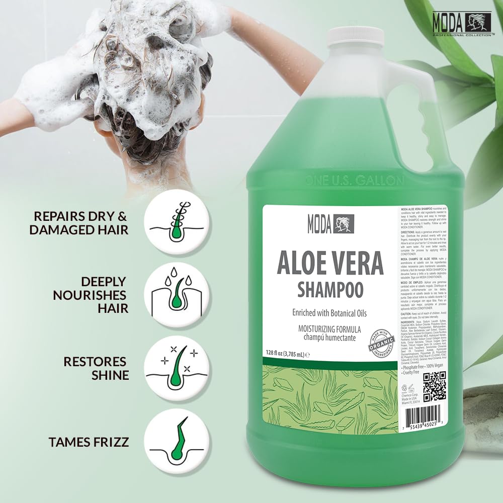 MODA Aloe Champú: ingredientes clave fortalecen y nutren el cabello.