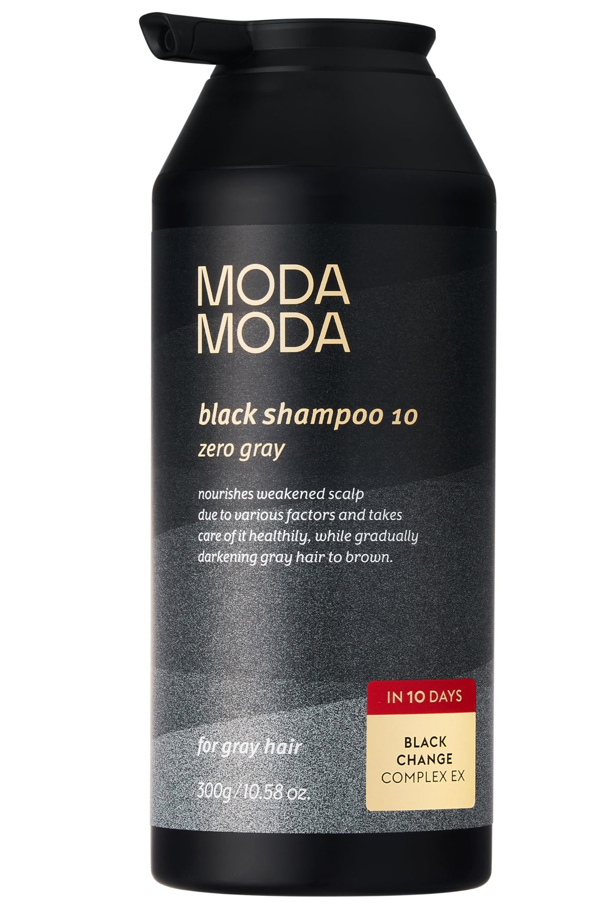 MODA MODA Zero Gray Black Shampoo vertido desde la botella para color natural de canas