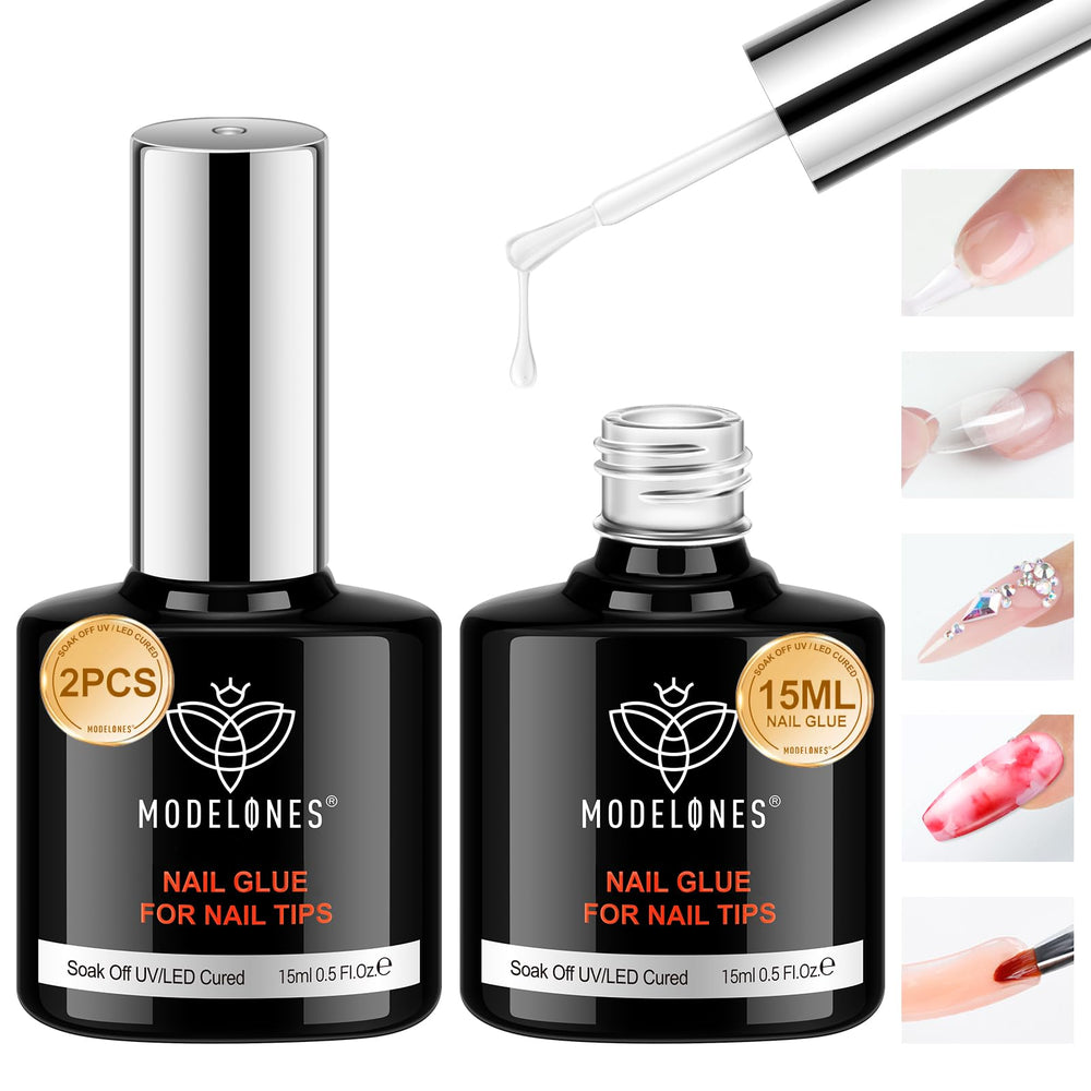Modelones 10 in 1 gel nail glue base coat bottle provides durable tip adhesion.