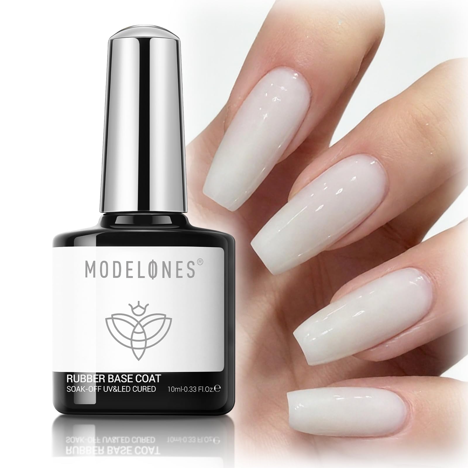 Base gel de Modelones en blanco lechoso para aplicación suave y cobertura uniforme.