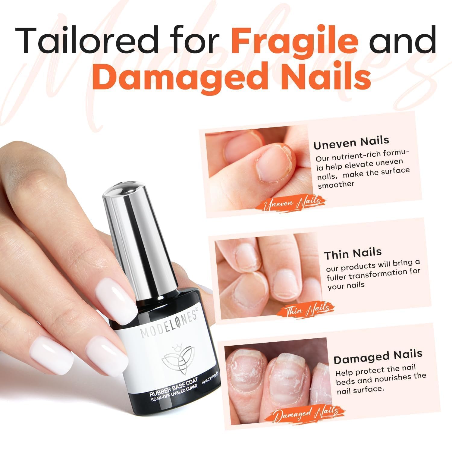 Flexibilidad de uñas mejorada con la base goma de Modelones.