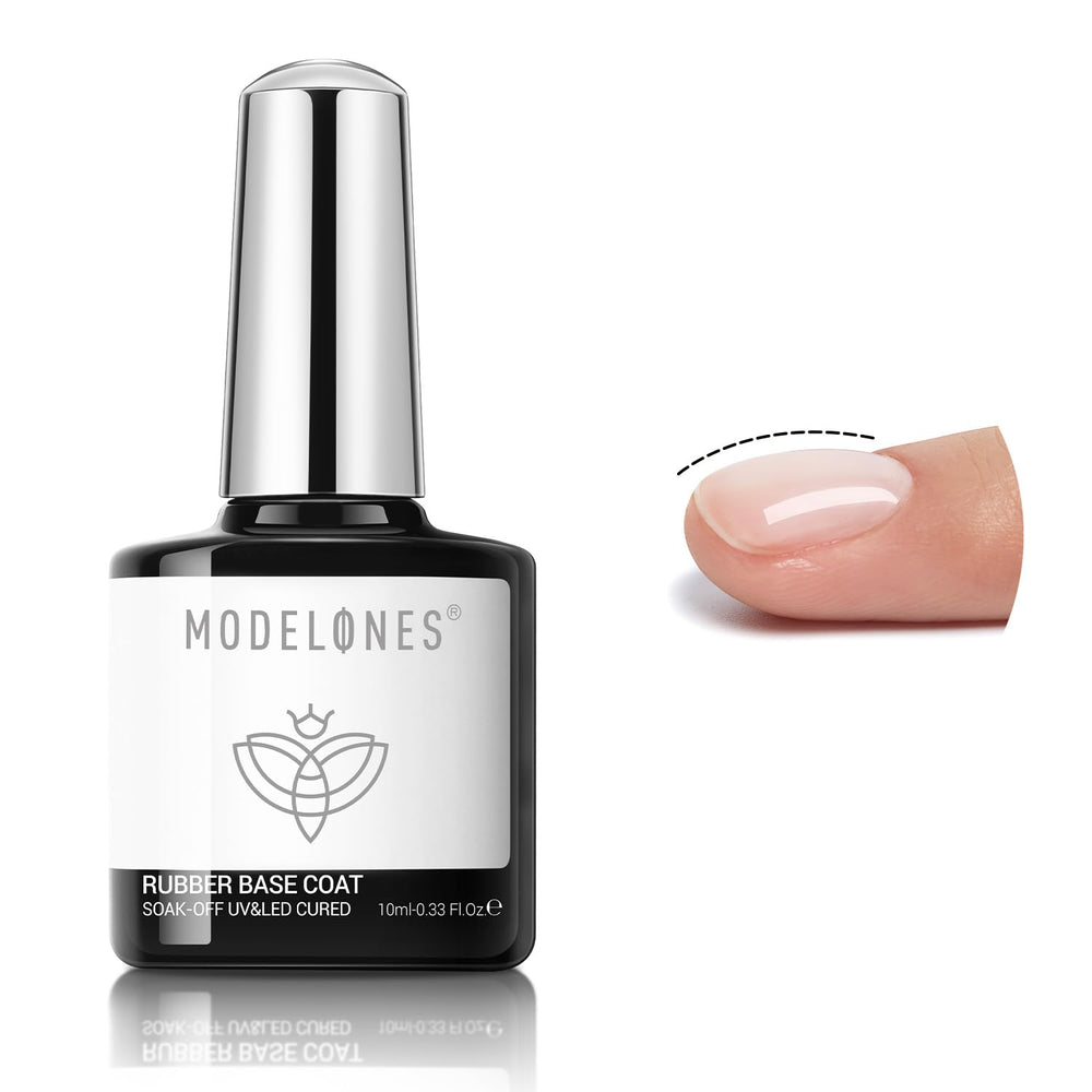 Modelones base gel rubber transparente para uñas, mejora adherencia y protege uñas naturales.