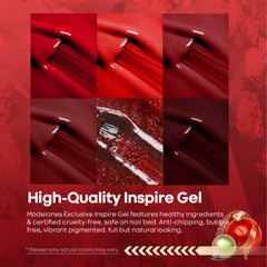 Modelones botellas gel rojo; aplicación suave y uniforme para uñas lisas.