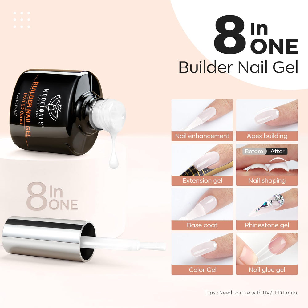 Modelones Builder Nail Gel built-in brush enables quick, self-leveling application for smooth nails.