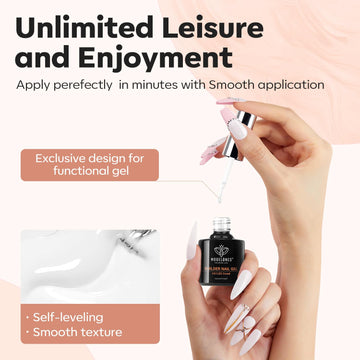 Modelones Builder Nail Gel delivers a glossy finish after cure for a professional look.