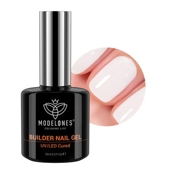 Modelones Builder Nail Gel milky white bottle shows versatile 8‑in‑1 formula for DIY nails.