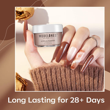 Modelones chocolate brown powder swatch shows natural-looking nude manicure options.