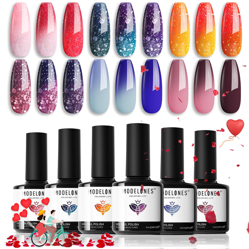 Modelones color changing gel nail polish set in 6 colors with mood-shifting hues for playful nails