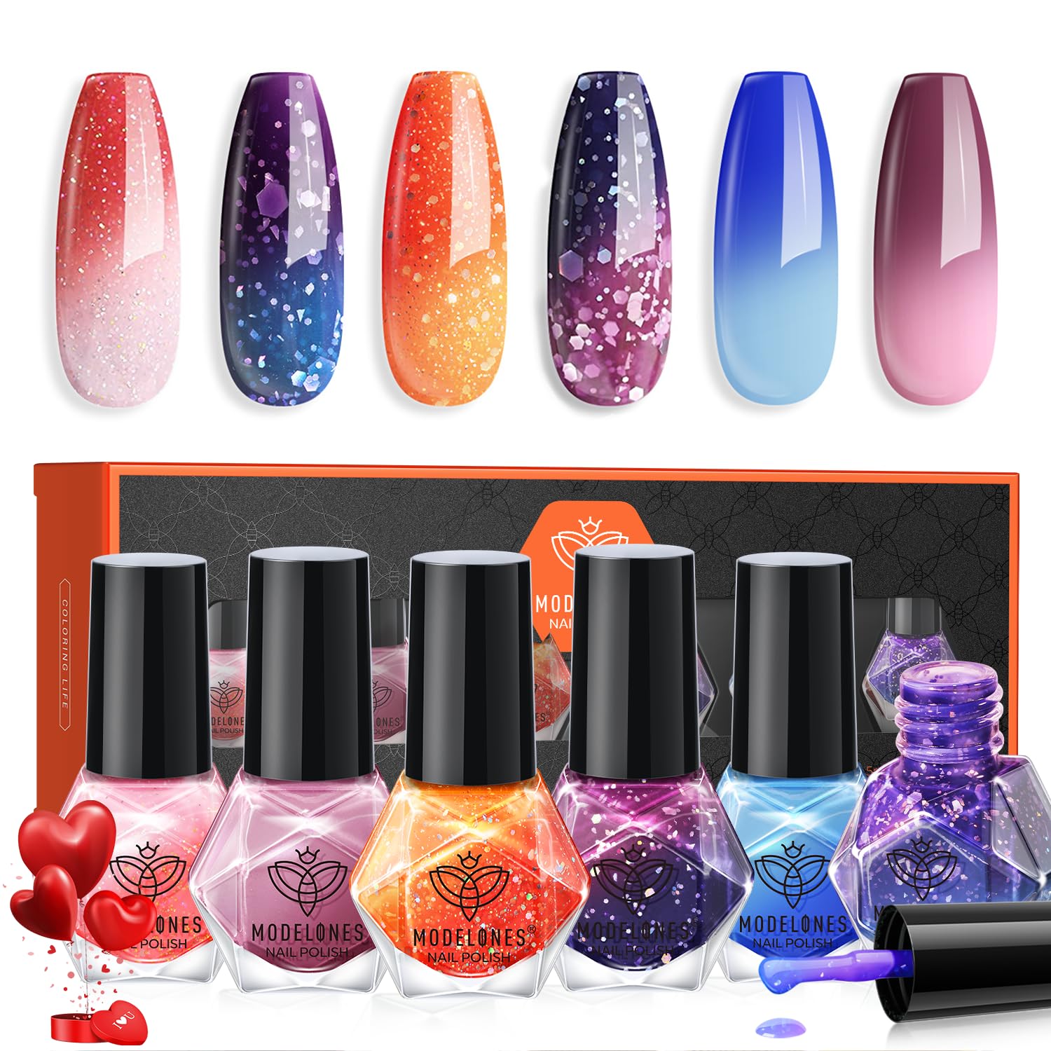 Modelones pink color-changing nail polish shifts with temperature for playful style.