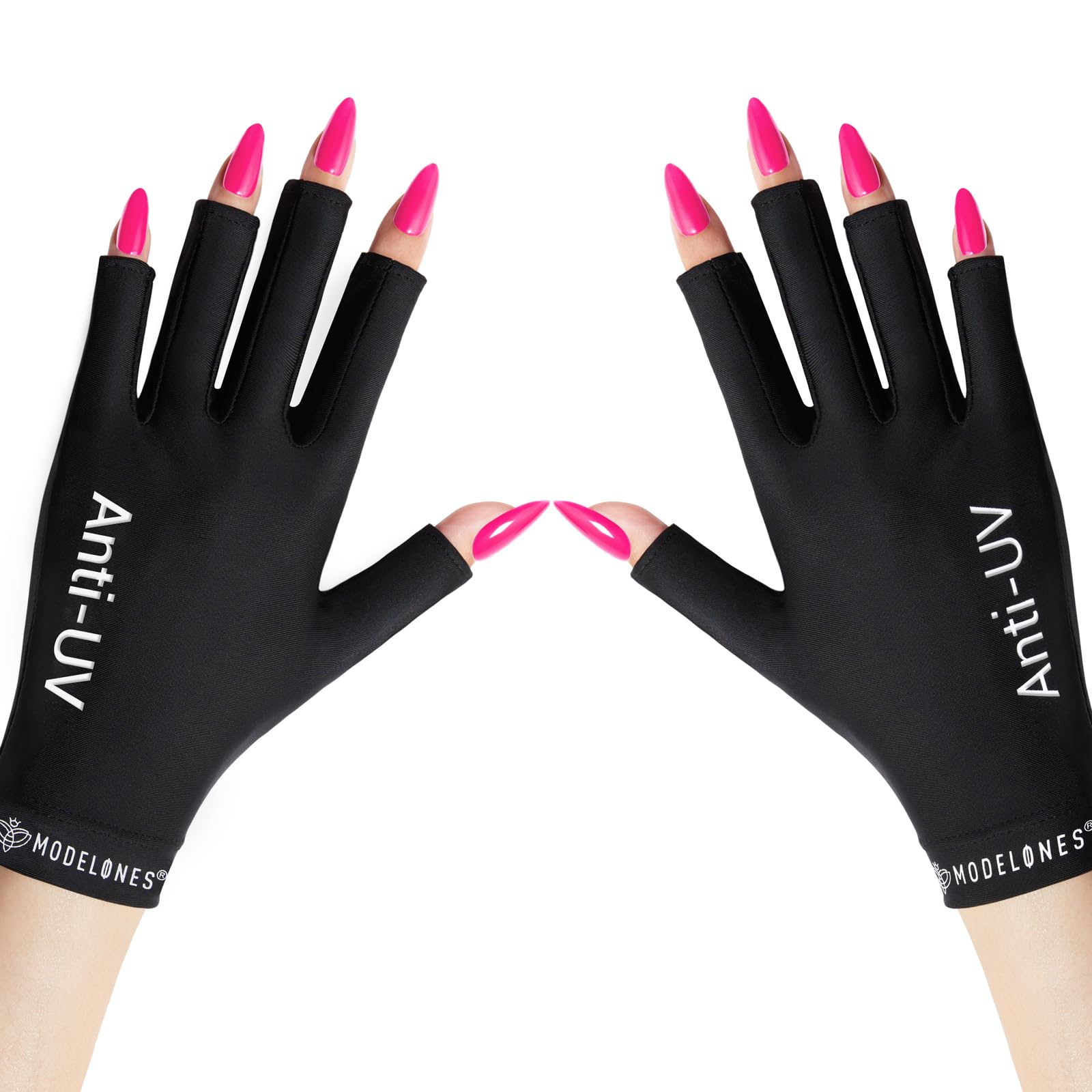 Modelones guantes UV con dedos alargados que se pueden doblar para ajuste.