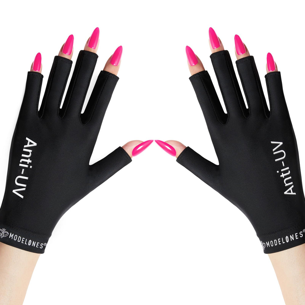 Modelones guantes UV con dedos alargados que se pueden doblar para ajuste.