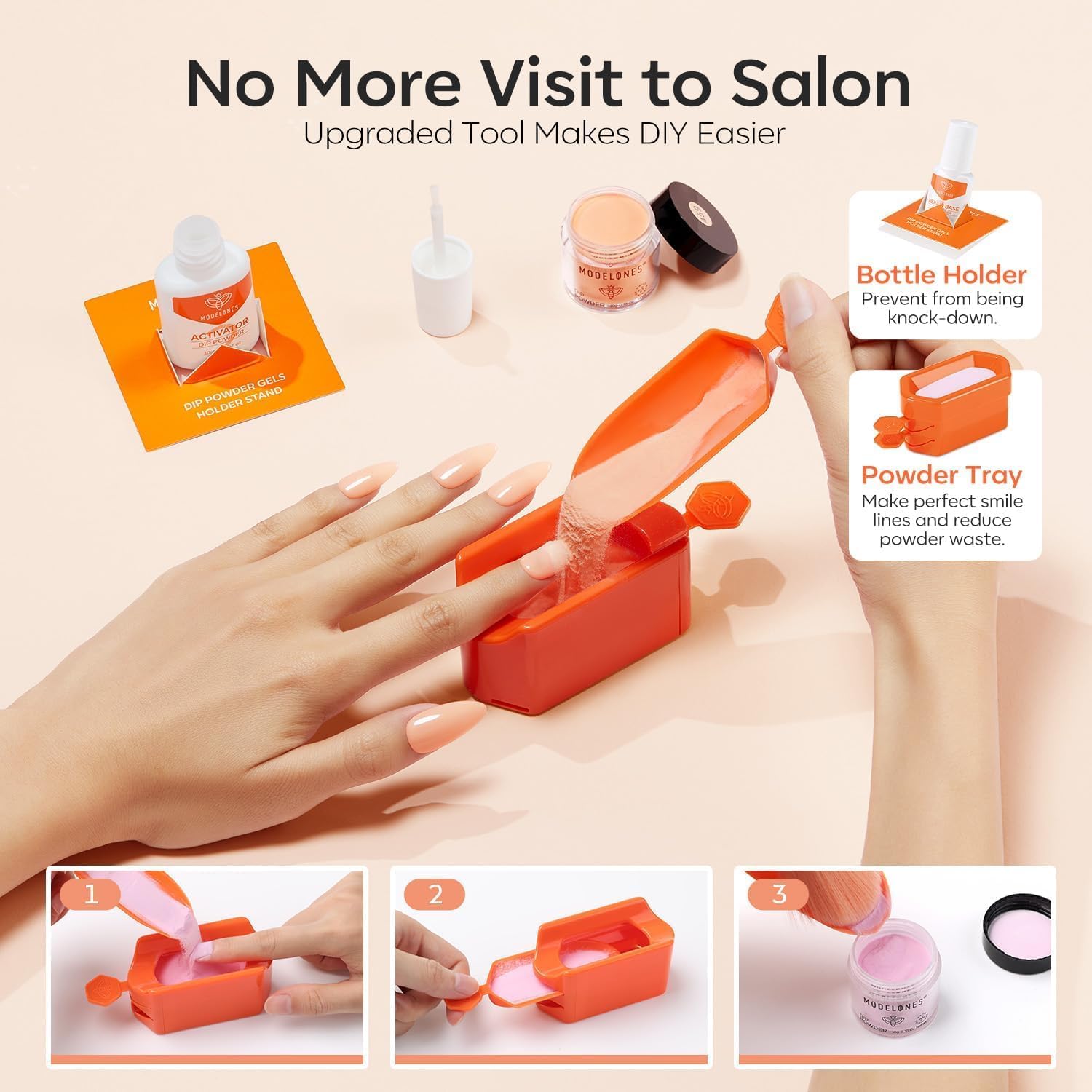 Modelones Dip Powder acabado suave tipo gel y duradero.